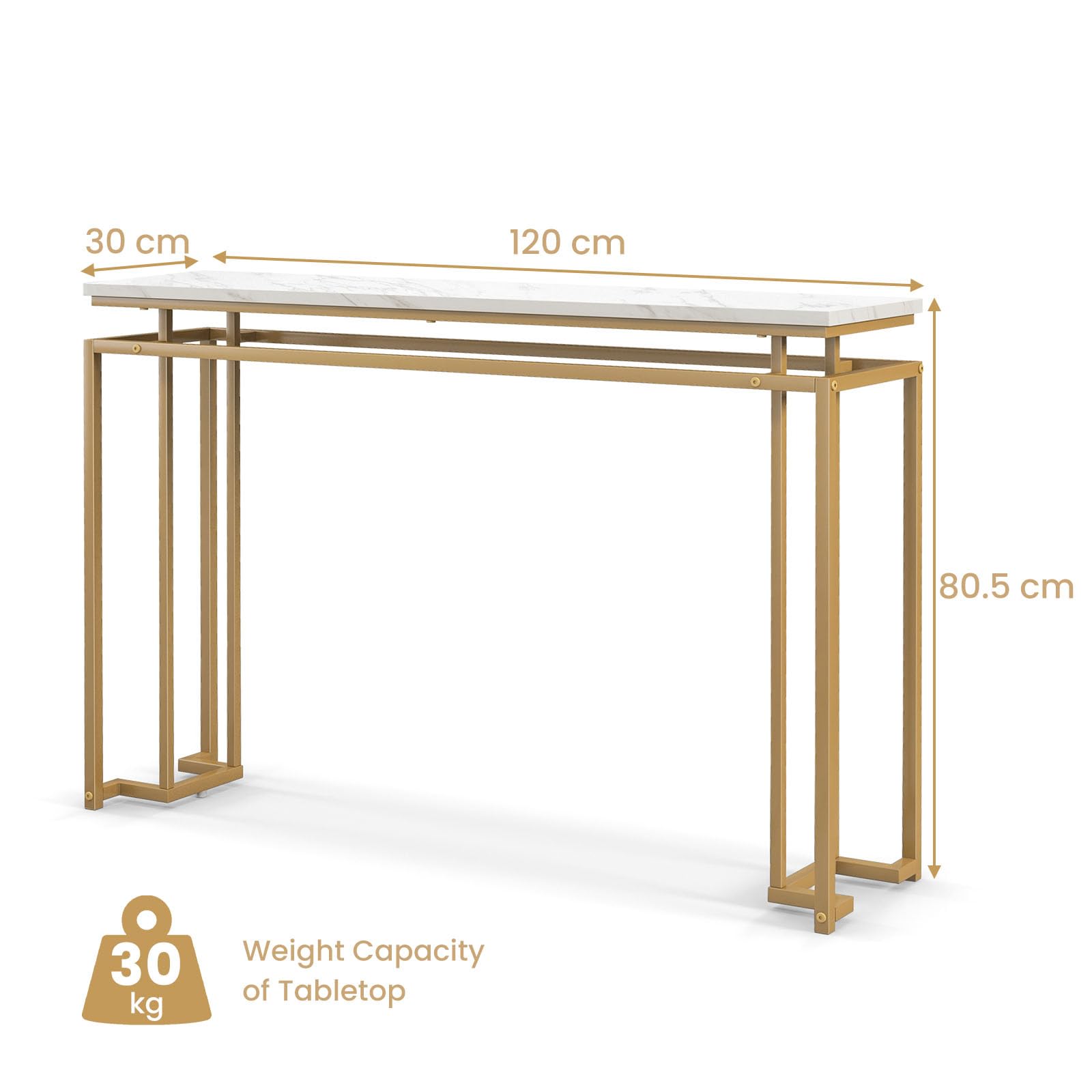 LIFEZEAL Table Console Effet Marbre, Meuble Console Moderne, Table d'Entrée, Cadre en Métal,Gain de Place, pour Couloir, Salon, Entrée, 120 x 30 x 80,5 CM, Or