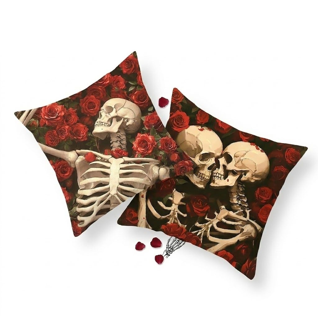 PRK 14 Cushion Covers 2 pcs Halloween Skulls Skeleton Love Romantic Gothic Pillow Throws Monsters for Livingroom Bedroom Couples Sofa Horror Scary Pillowcase Set 45 x 45cm
