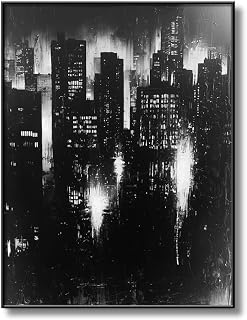 Abstract Cityscape Wall Art, Modern Urban Night Skyline Canvas Painting, Contemporary Expressionist City Decor (Black, 35" W x 47" L / 90x120cm, Framed)