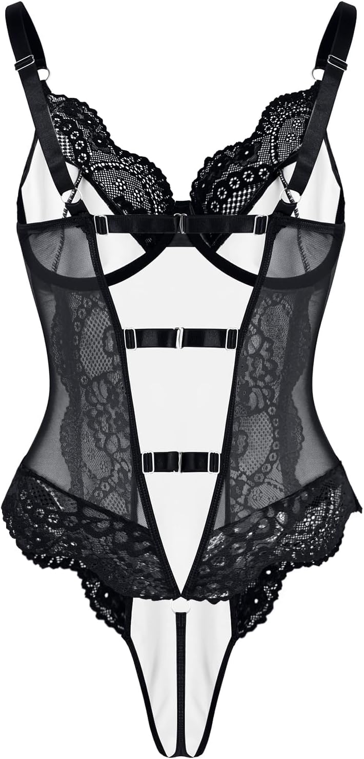 Lilosy Sexy Leather Underwire Push Up Floral Lace Sheer Corset Lingerie Women Teddy Bodysuit Bustier Top One Piece - Image 4