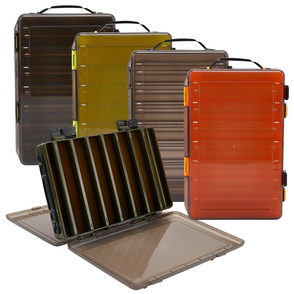 WEBEEDY Paquete de 4 cajas de señuelos de pesca de doble cara, caja de aparejos, 27,5 x 18 x 4,75 cm, plástico translúcido, almacenamiento de señuelos de pesca con hebilla para organizador de cebos de