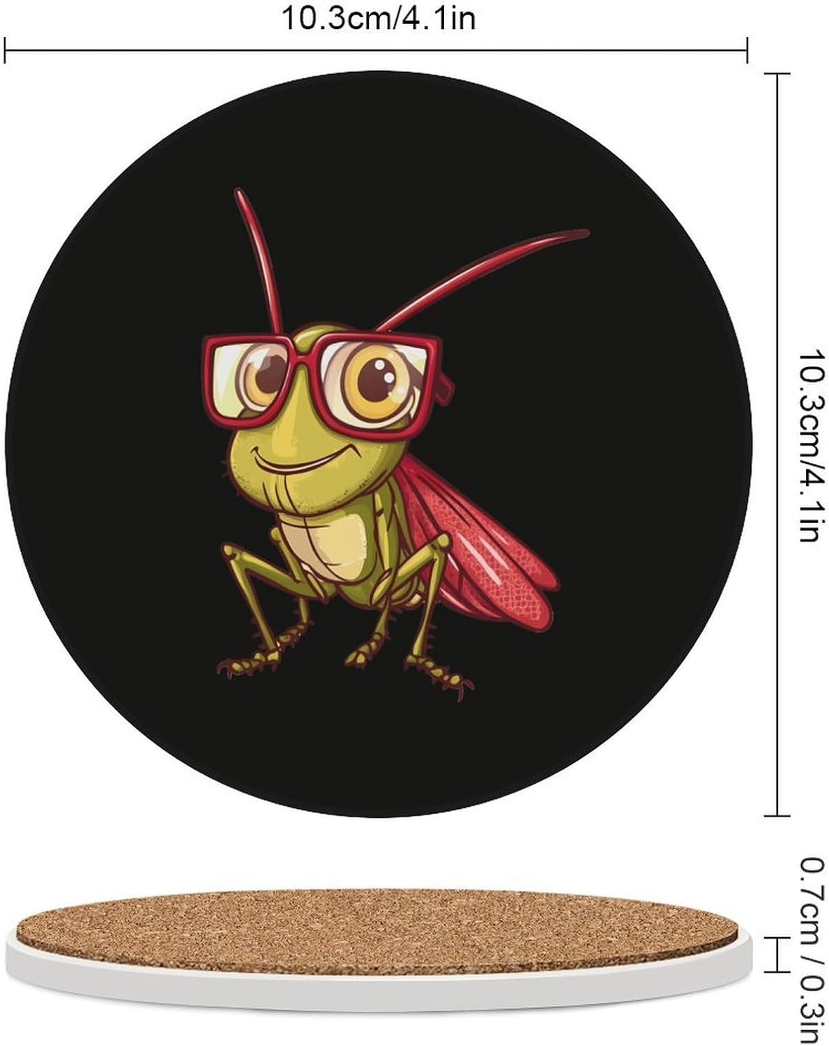 Grasshopper Wearing Eyeglasses Praying Mantis Insect Coasters for Drink Round Ceramic Coaster with Cork Base Home Decorative 4PCS