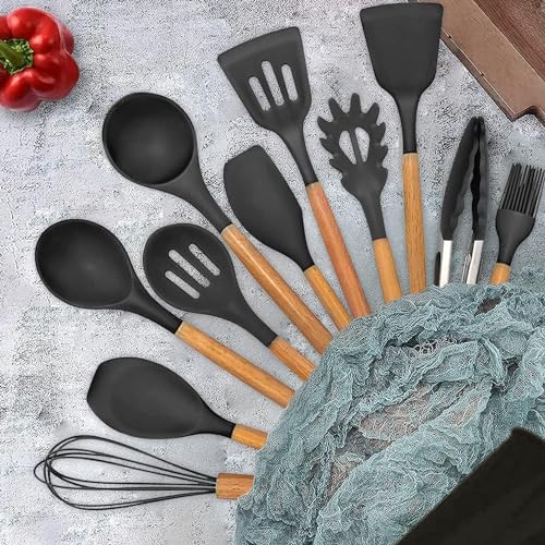Image of Silicone Kitchen Utensil Set with Wooden Handles, 12 Piece Cooking Spoon Set with Holder, Dark Grey