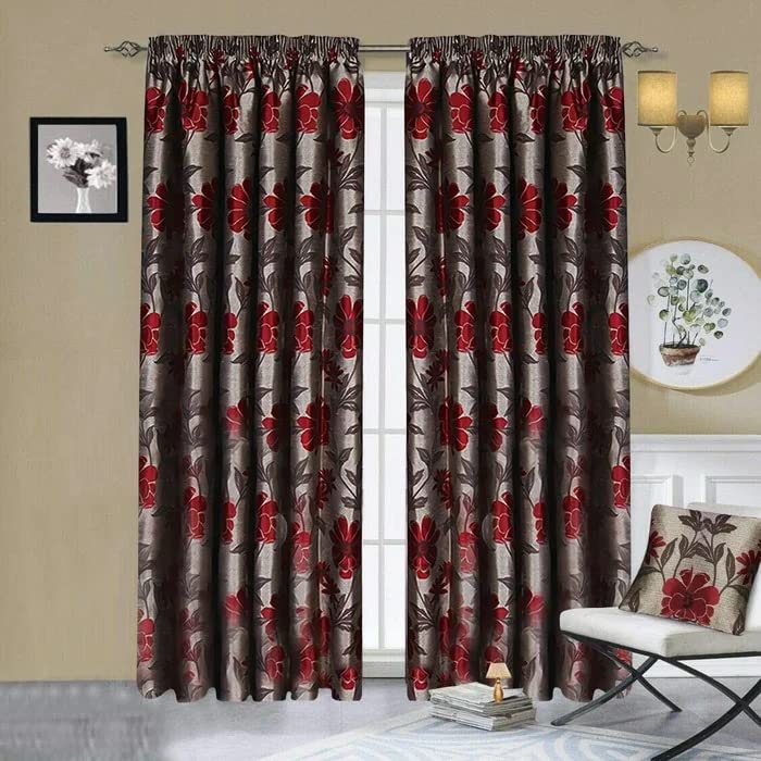 PRIME LINENS Floral jacquard Fully Lined Pencil Pleat Pair Curtains with 2 Tie Backs Living Room Bedroom Window Modern Panels Curtains (Red, W 46''x L 54'') โ image 1