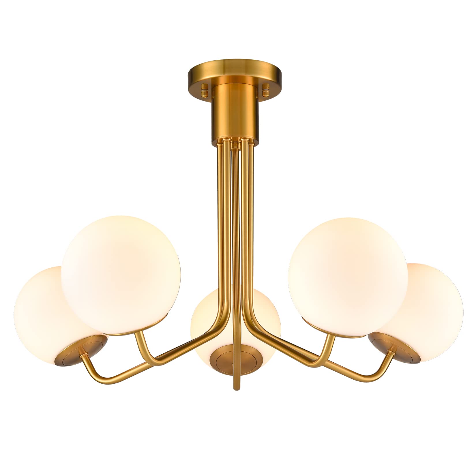 SAMTEEN Mid Century Modern Gold Semi Flush Mount Ceiling Light 5-Light White Glass Globe Flush Mount Chandelier Light Fixture, Globe Ceiling Light Fixture for Bedroom Dining Room Hall