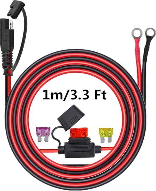 Aimofox SAE Connector to O Ring Terminal Harness Wire, 2 Pin Lug Quick Disconnect Extension Cable, Eyelet Terminal Charge Cord for Motorcycle, Car, Tractor with 3 Type Fuse