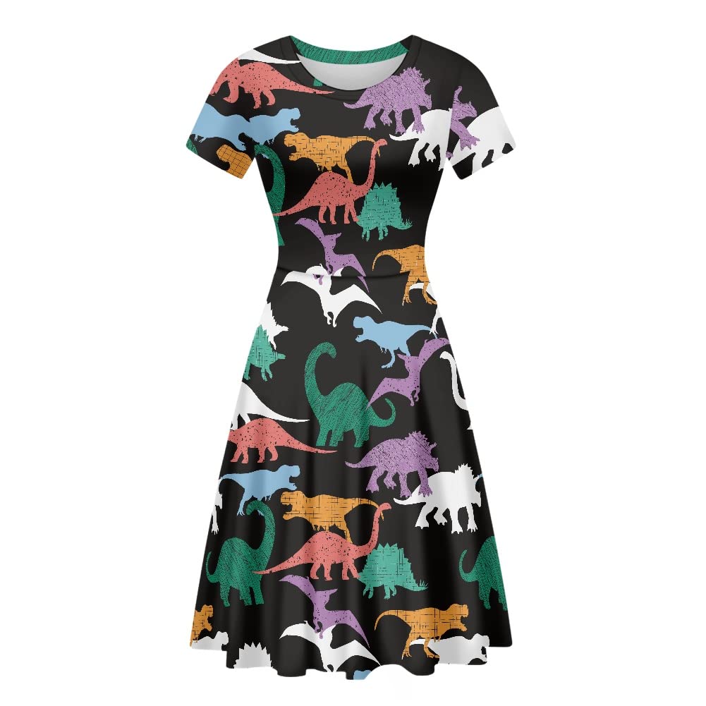ENLACHIC Women's Casual Animal Floral Print Short Sleeve A Line Swing T Shirt Dress Plus Size
