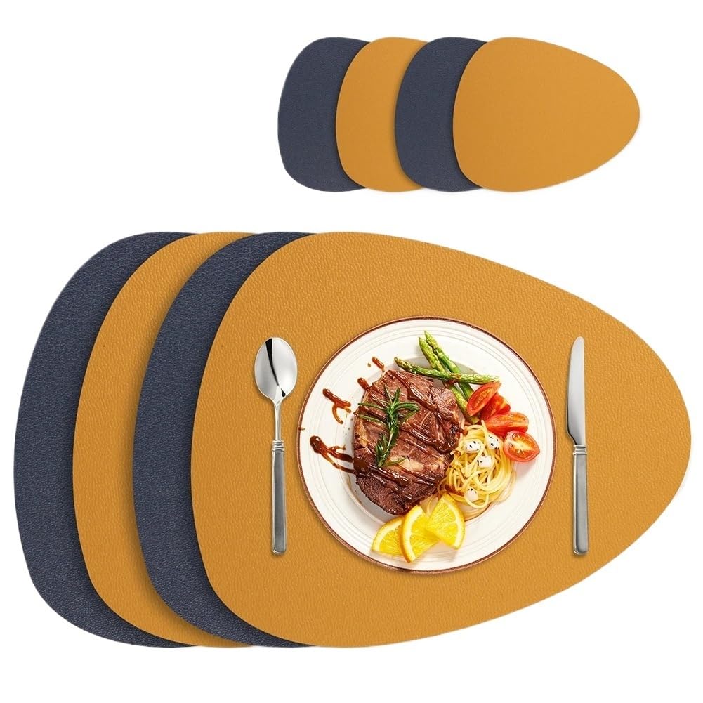 Faux Leather Placemats PU Leather Placemat and Coaster Set of 4/8 Dual-Sided Waterproof Wipeable Place Mats for Home Restaurant(Blue Yellow,Set of 8)