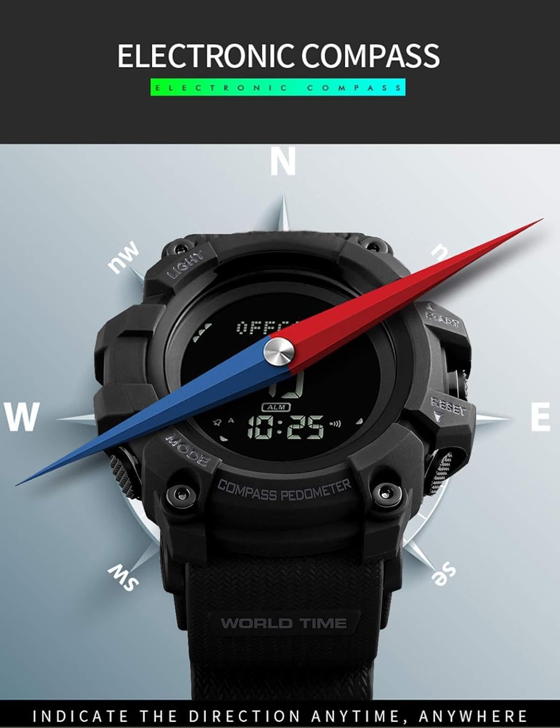 Mens Digital Sports Watch Waterproof Military Outdoor Compass Multifunction Wrist Watch Pedometer Calorie
