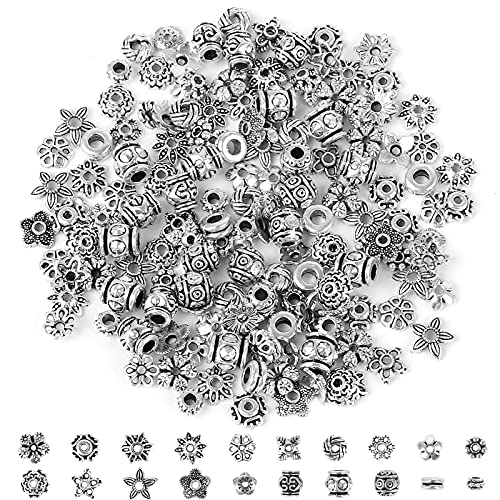 Chudian 160pcs Abalorios para Collares Cuentas Espaciadoras para Joyería, Accesorios de Aleación de Bricolaje para DIY Pulseras Joyería Abalorios Espaciadores Mixtos (20 Modelos, Plata)