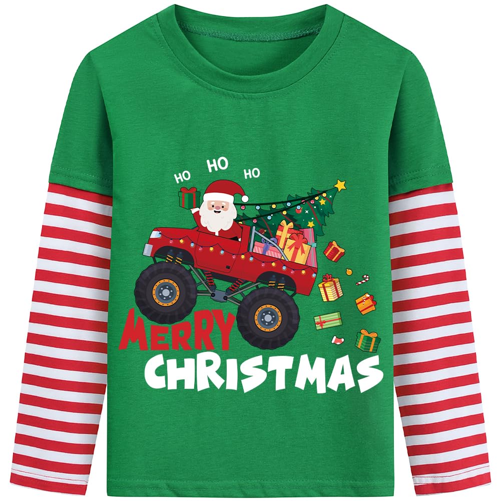 Boys Christmas T-Shirt Long Sleeves Xmas Tee Shirt for Kids Santa Claus Digger Monster Trucks Snowman Tops Toddler 2-7 Years