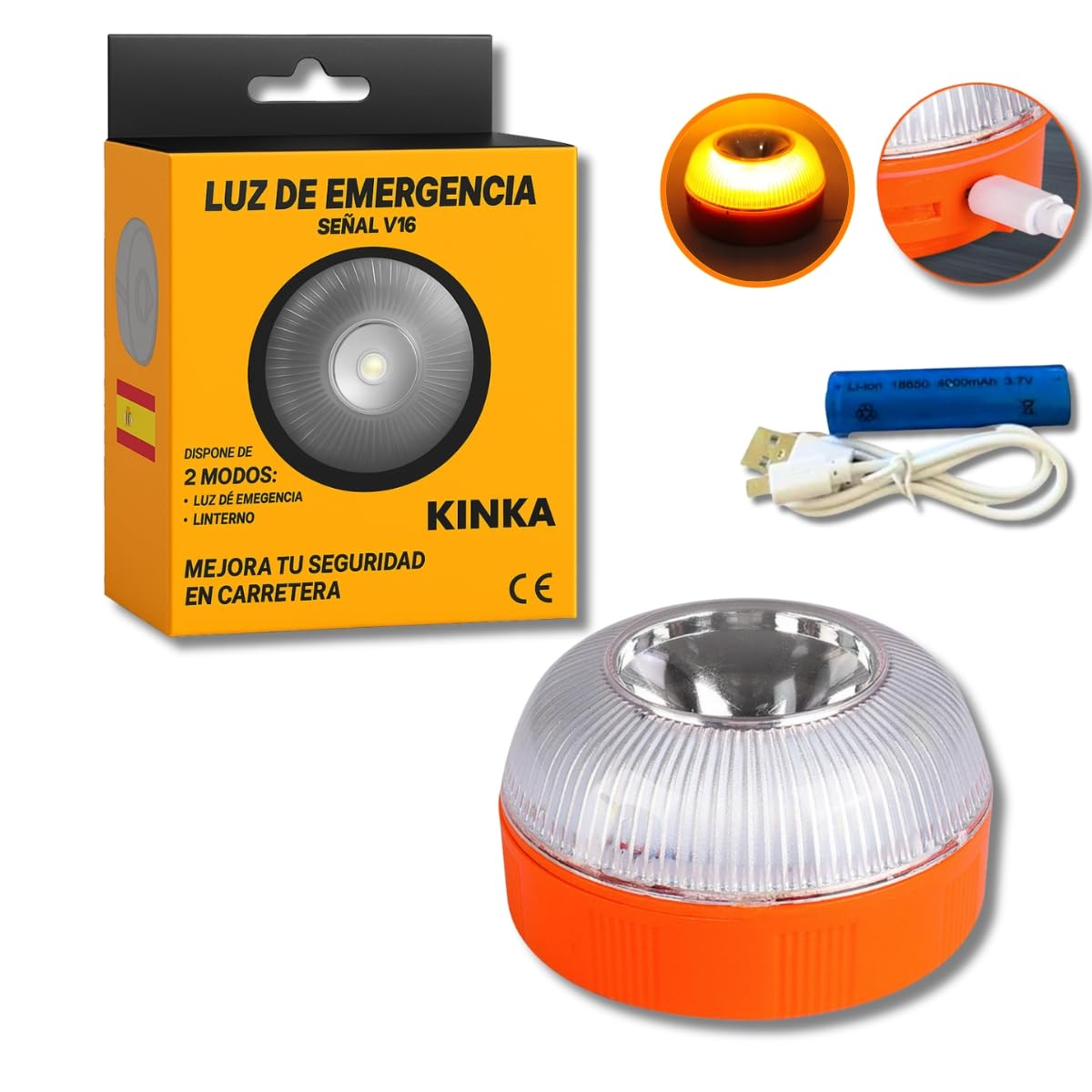 Kinka Modas Luz de Emergencia V16 LED Recargable Baliza Señalización Carretera Coche y Moto, 2 Modos Luz Amarillo Intermitente y Blanco Fijo, Magnética, Impermeable, Portátil (2)