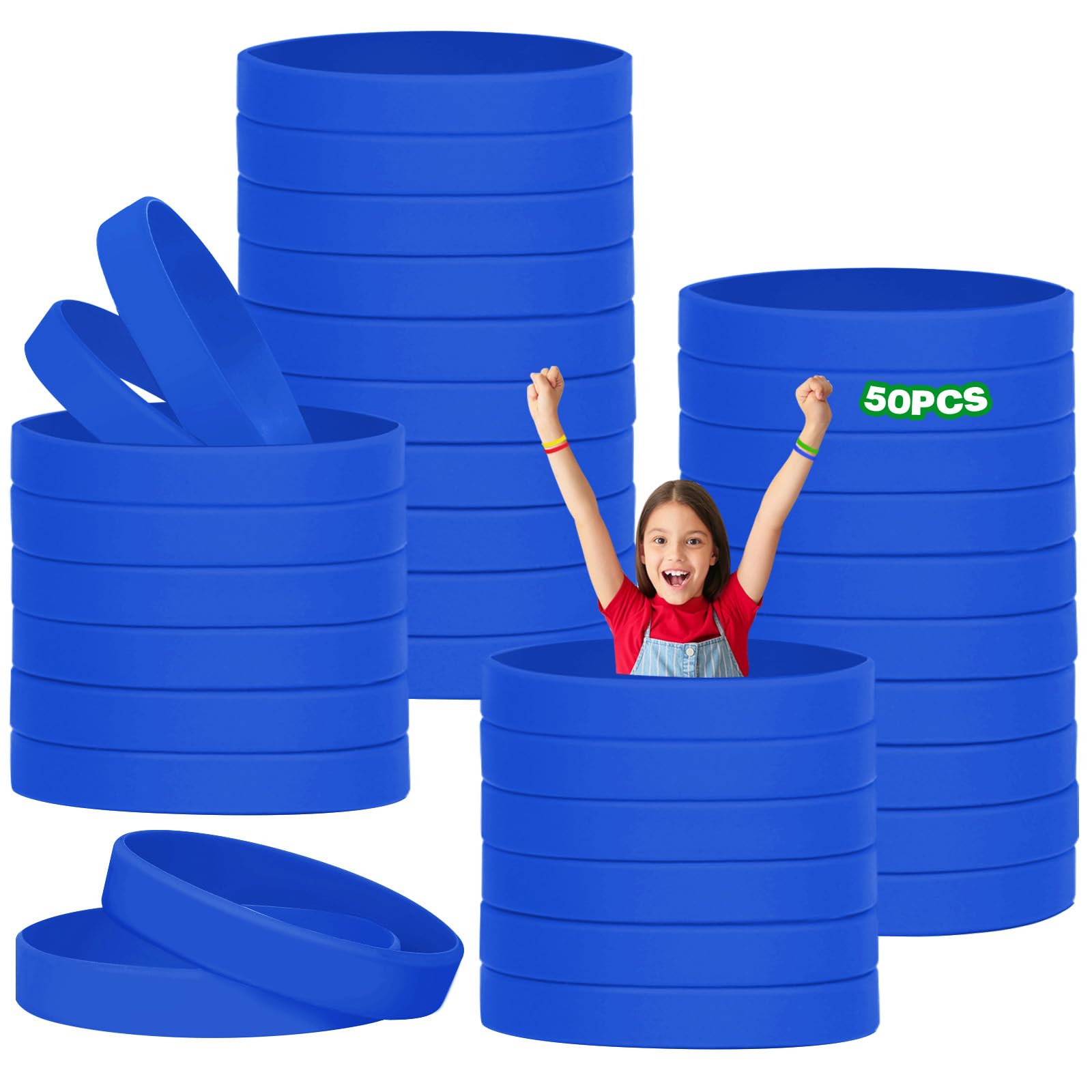 HONTIUS 50PCS Silicone Wristbands for Kids, Rubber Wristbands Blank Wrist Bands Universal Wristband Set Bulk for Teens Sport Suitable for 8-12 aged Blue