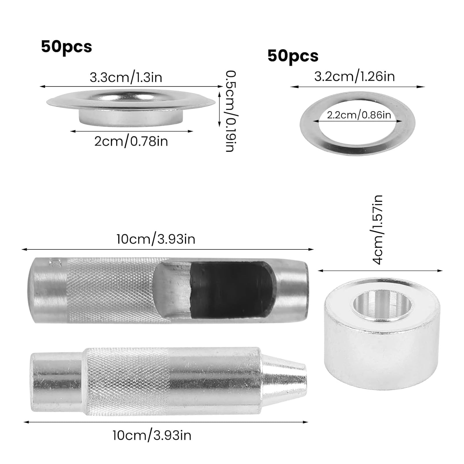 50 Sets Ösen Sets, 20 mm Nähösen, silberfarbenes Metall Stanzwerkzeug mit Aufbewahrungsbox für Leder, Gürtel, Stoff, Metallösen Sets