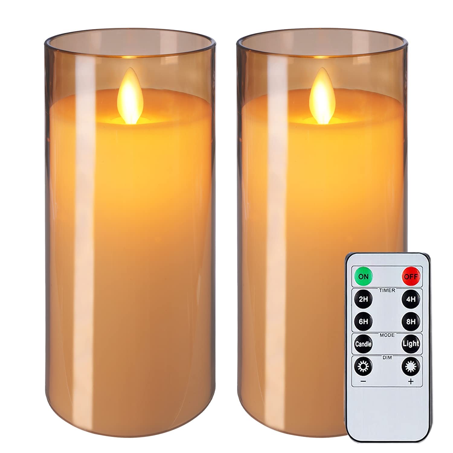 LTETTES | Set of 2 Flameless LED Candles with Gold Acrylic Fiberglass | AA Battery Powered with Remote & Timer | 3" D x 6" H for Home, Festival, Wedding Decor