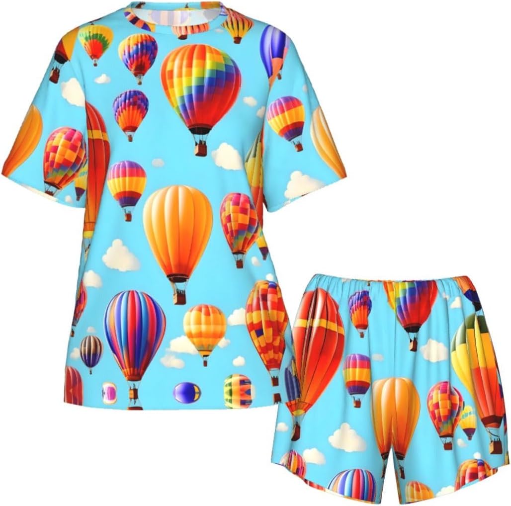 Hot Air Balloons Print Cute Short Sleeve Pajama Set For Women Casual Loungewear With Pockets Four Seasons S-3xl