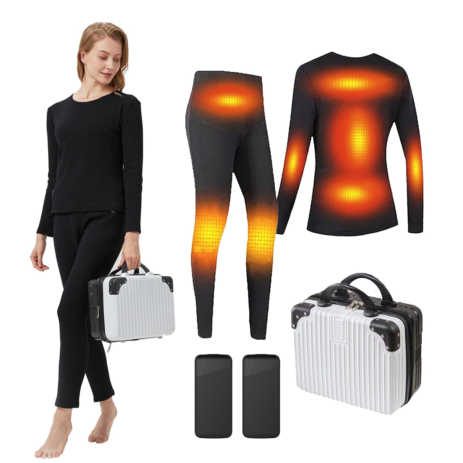 Womens Thermal Underwear Set USB Electric Thermal Heated Long Johns Set with Power Bank for Outdoor Sports Skiing