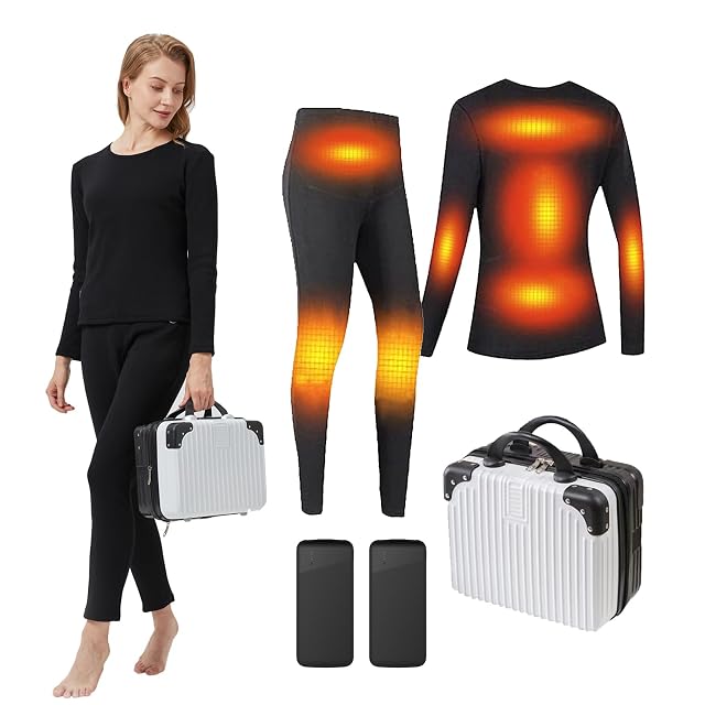 Womens Thermal Underwear Set USB Electric Thermal Heated Long Johns Set with Power Bank for Outdoor Sports Skiing