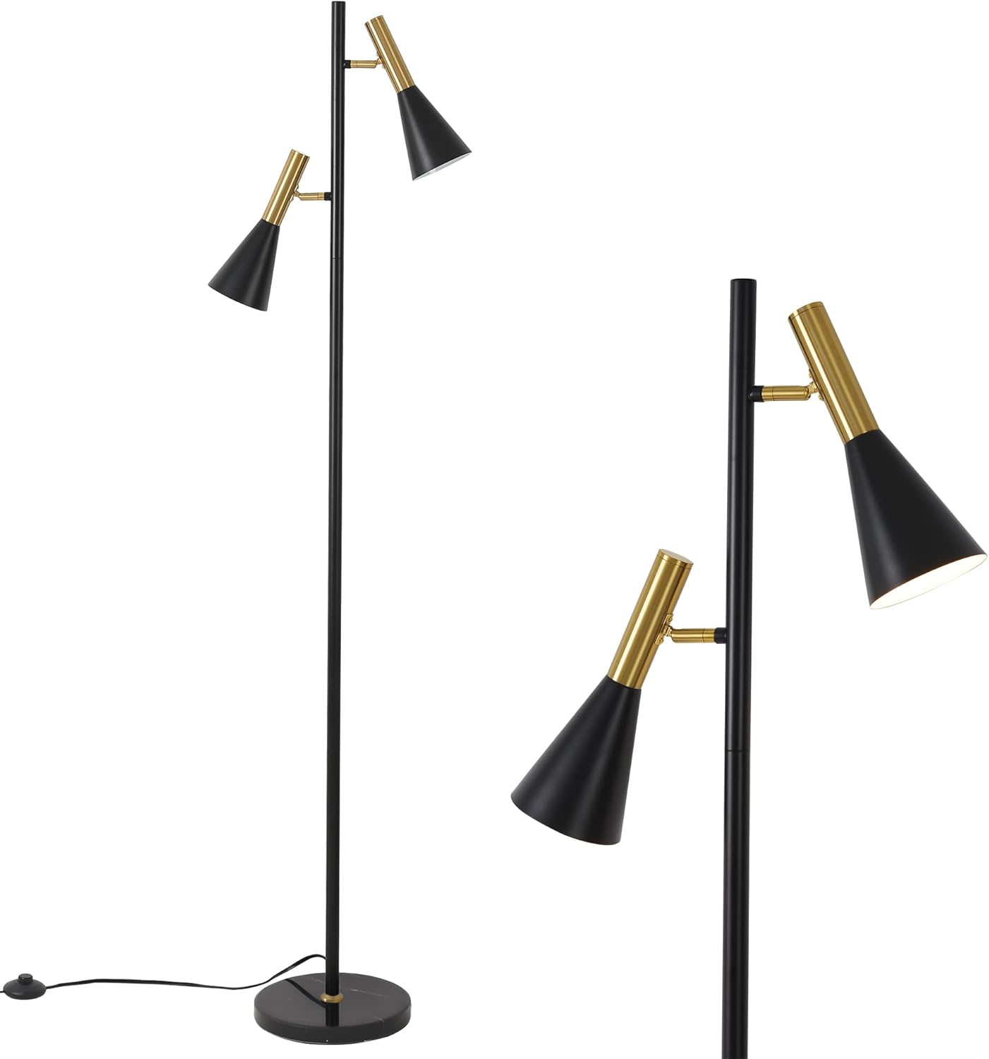 Modern Floor Lamp with 2 Adjustable Head Tall Pole Uplight for Living Room, Bedroom, Office,Gold and Black Corner Light for Reading (Black and Gold)