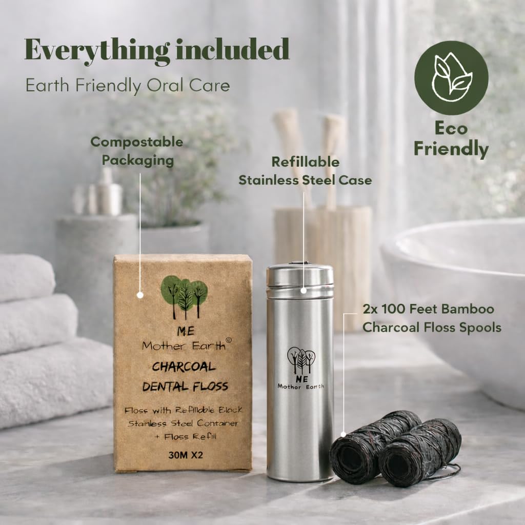Hilo dental de carbón de bambú biodegradable vegano con recipiente de acero inoxidable rellenable, 33 yardas x2 | Recambio extra de hilo | Cera natural de Candelilla | menta | Eco Zero Waste Oral Care