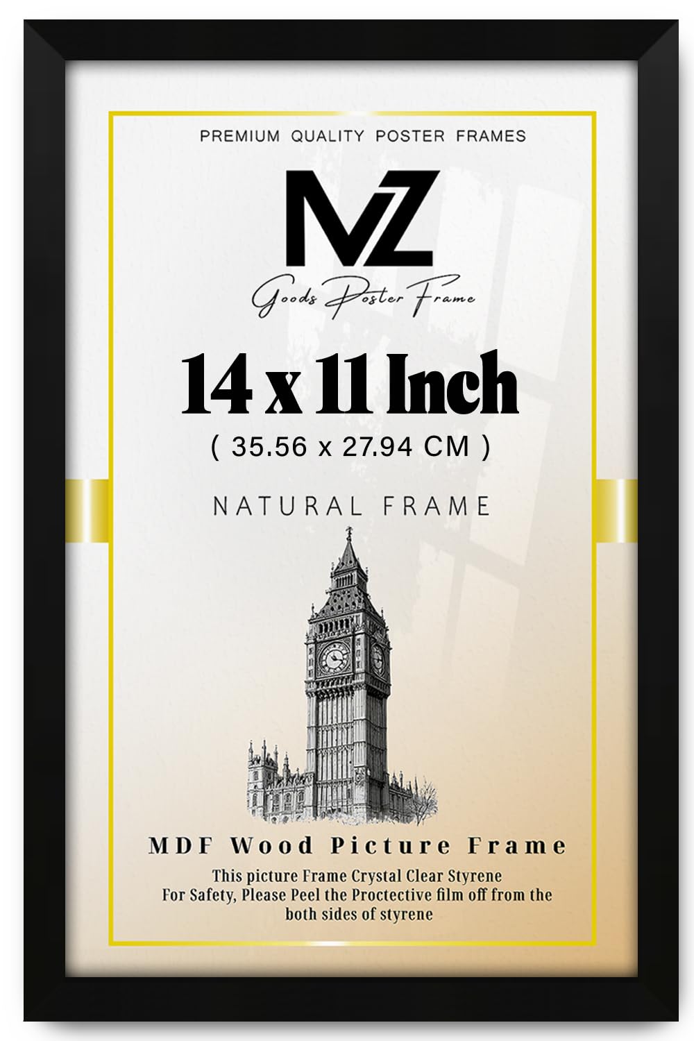 MZ GOODS | MDF Picture Frame (35.56 x 27.94 CM) 27.94 cm x 35.56 cm for Posters, Certificates & Art Prints, Secure Hanging Hooks for Display [ Matt Black ]