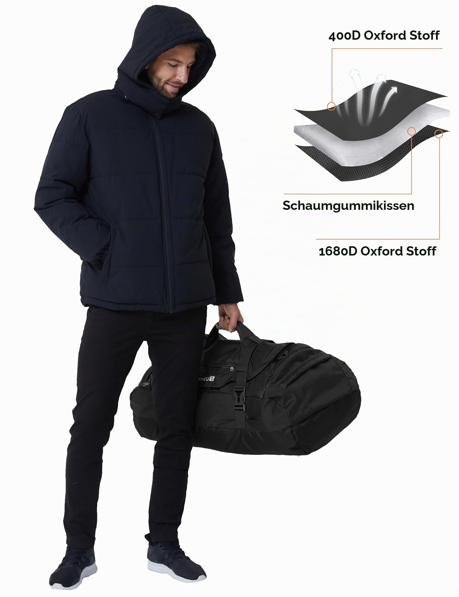 Ubon Faltbare Reisetasche Wasserdicht Sporttasche Groß mit Fach Schwarz 65L