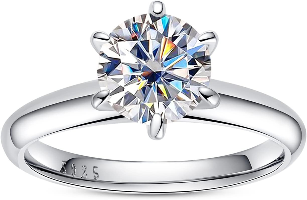 Moissanite Ring, 0.5/1/1.5/2/2.5/3CT Round Brilliant Cut Moissanite Diamond Six Prong Solitaire Engagement Ring Gold Plated 925 Sterling Silver Promise Wedding Rings for Women with Certificate