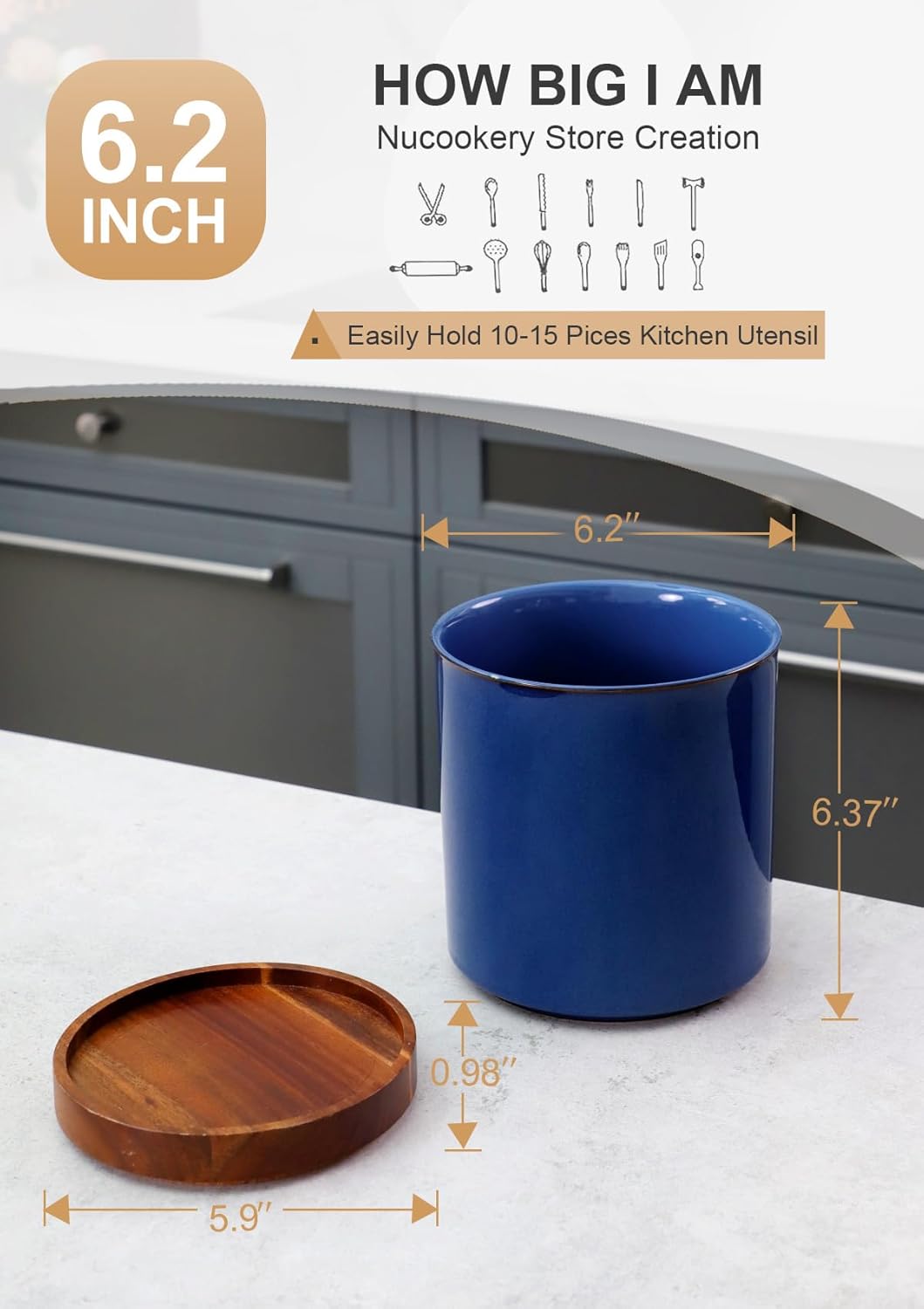 nucookery 360°rotating utensil holder, 7.2" kitchen utensil crock, ceramic cooking utensil organizer with countertop-protection cork bottom for farmhouse kitchen decor christmas (royal blue)