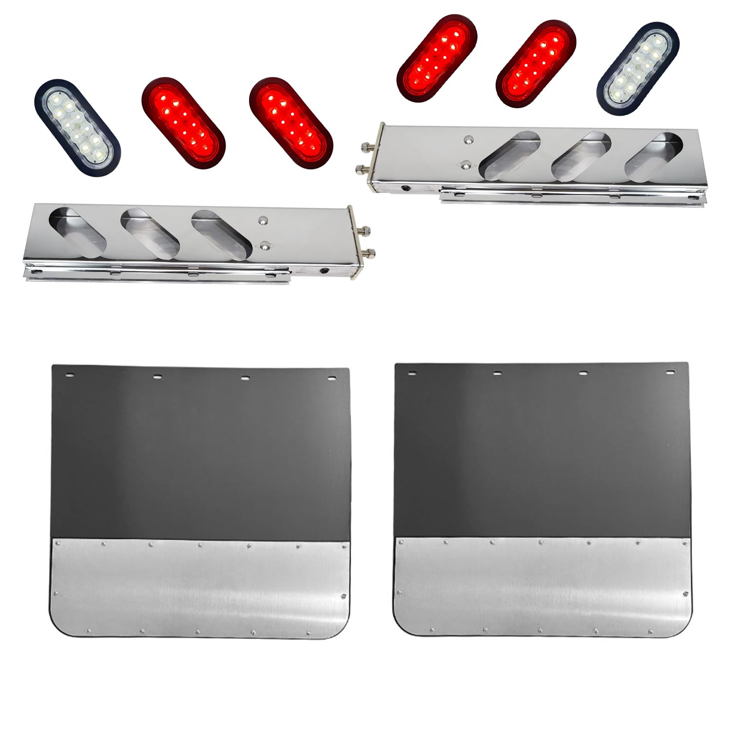 10PCS 24" x 24" Black Mud Flap w/Stainless Steel Plate &amp; Oval Light Chrome Steel 2-1/2” Straight Bolt Pattern Spring Loaded Mud Flap Hanger &amp; 6" 10 LED Stop Turn Tail Brake Light 12V Red/White