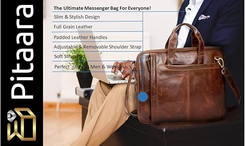 Miniatura 3 de Bolso bandolera de cuero genuino para hombres y mujeres, se adapta al tamaño del ordenador portátil de 16"