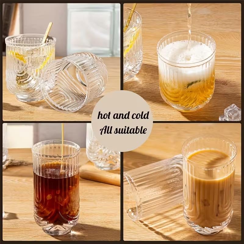Image of PrimeWorld Vintage Ripple Highball Glass Set of 6 - 370 ml | Fashioned Transparent Cocktail Glassware | Classic Tall Glasses for Water, Juice, Iced Coffee & Bar Beverages