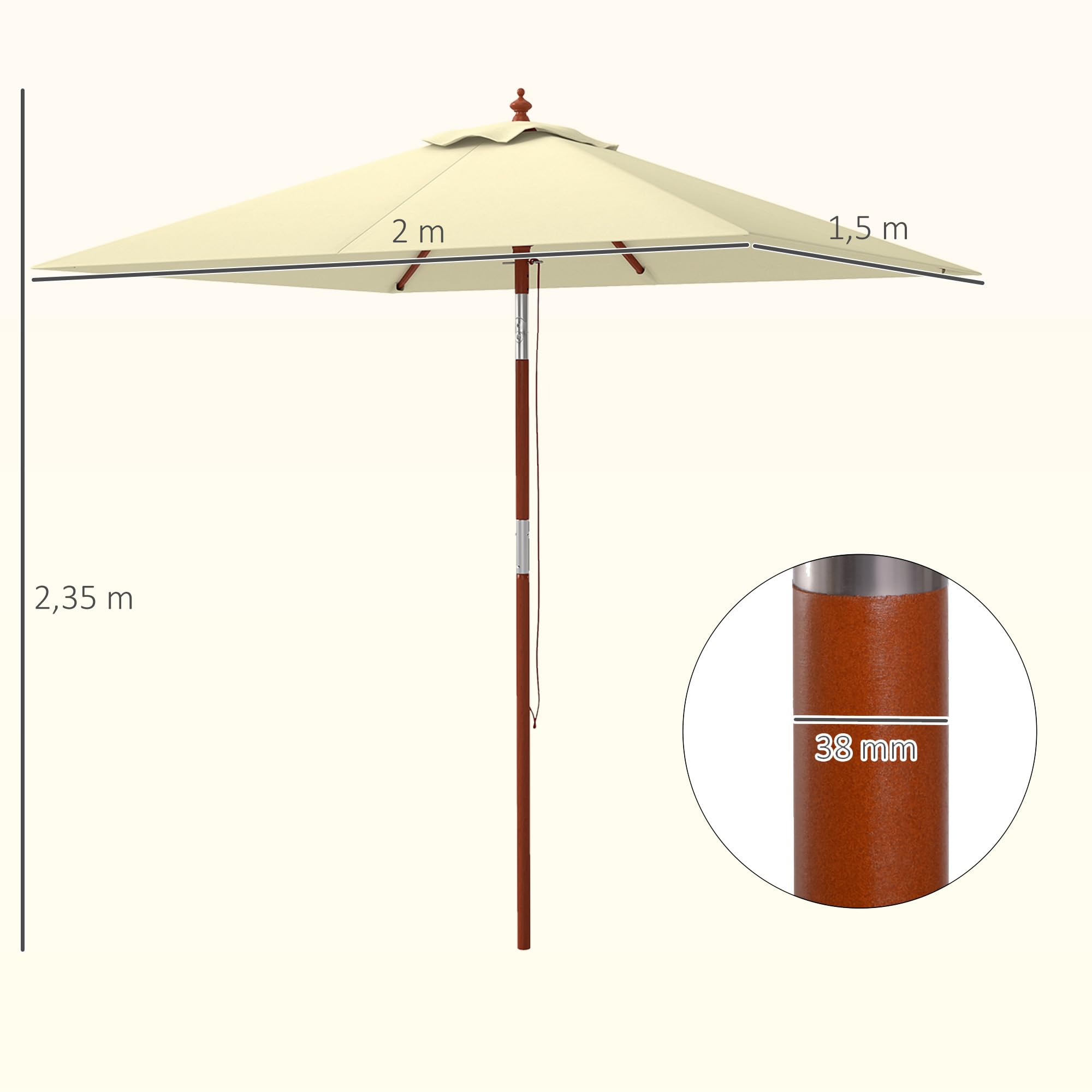 Outsunny Sombrilla Terraza Exterior 200x150 cm Sombrilla de Jardín Rectangular con Ángulo Ajustable Mástil de Madera y Manivela Parasol para Patio Terraza