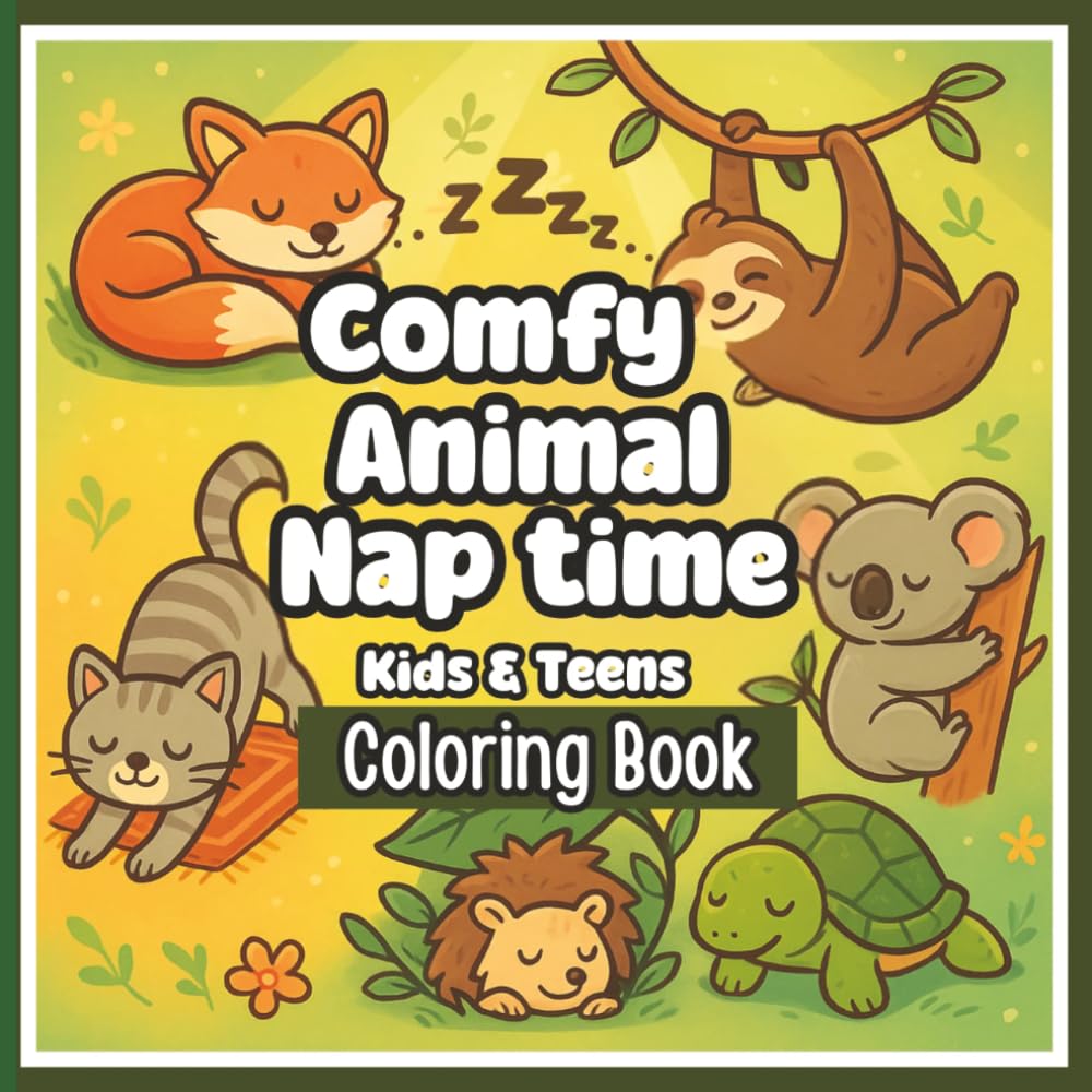 This coloring book title is 'Comfy Animal Nap Time'. Coloring book for kids for 4 - 8 years old. Cute animal with easy &simple design for relaxation