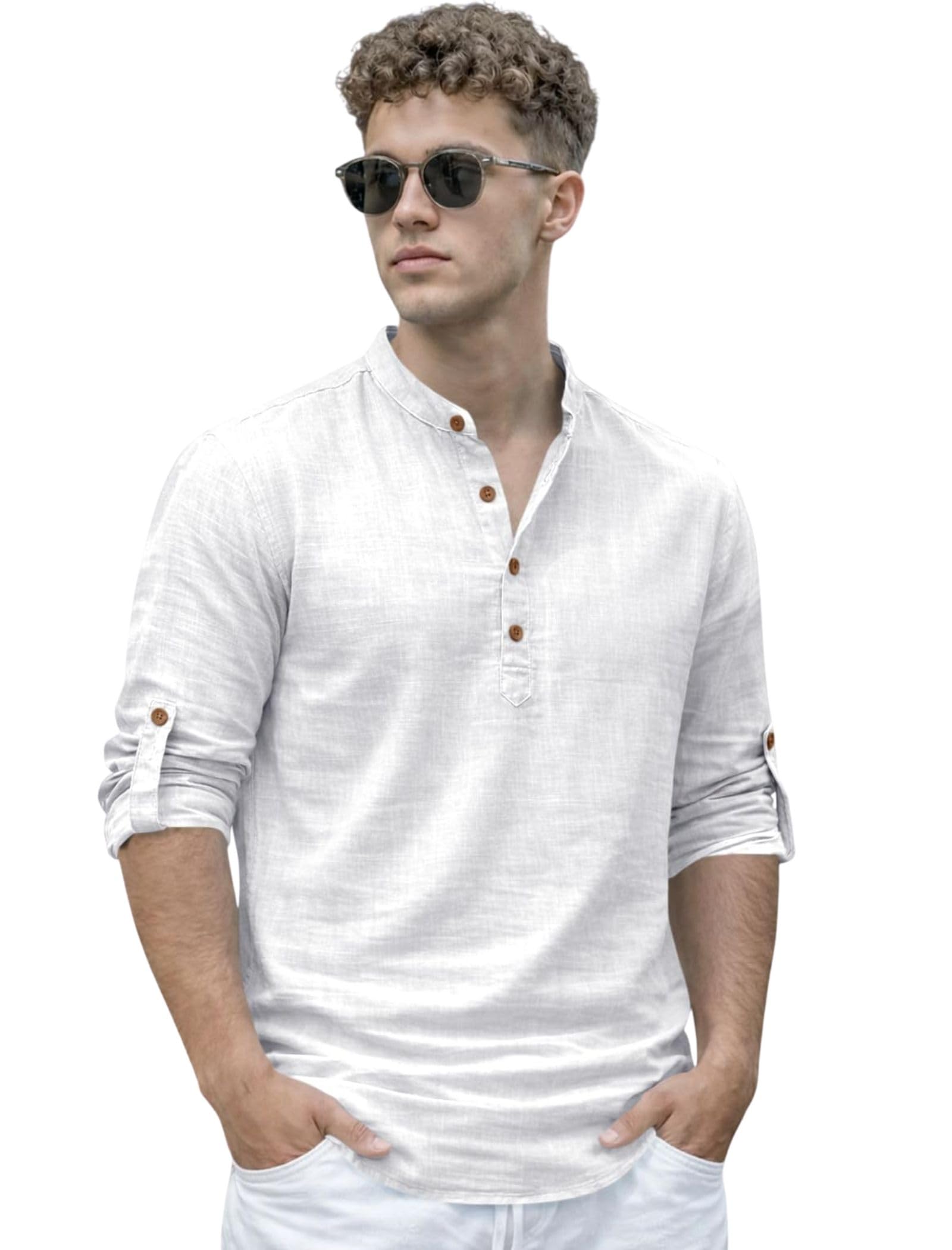 Men’s Solid Kurta Shirt Full Sleeve Mandarin Collar Stylish Cotton Blend Kurta for Men Regular Fit Ethnic Wear Casual Festive Kurta Top Modern Short Kurta for Men-picture-15