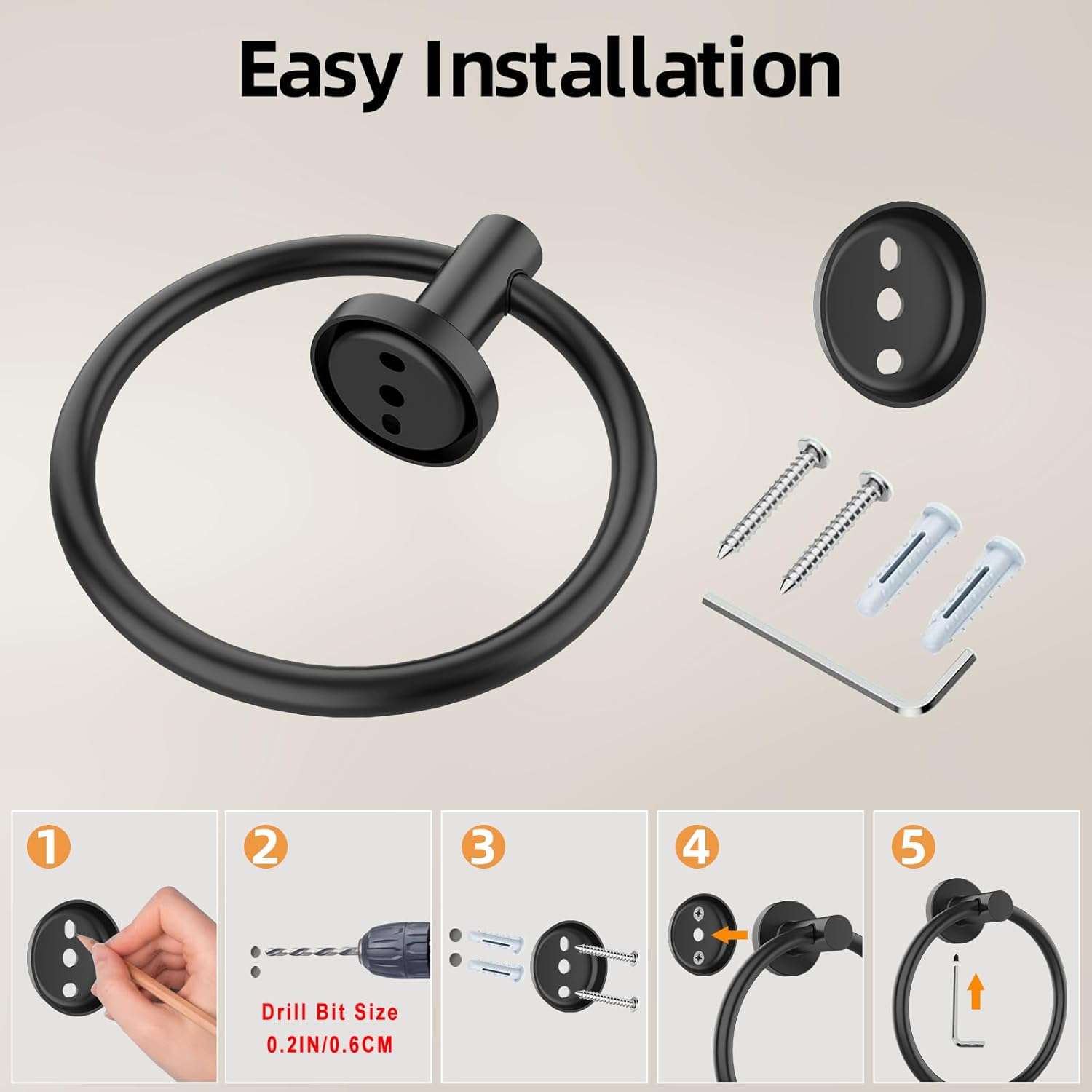 Matte Black Stainless Steel Wall Mounted Towel Ring Set