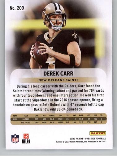 Miniatura 2 de 2023 Panini Prestige #209 Derek Carr NM-MT New Orleans Saints Football Trading Card