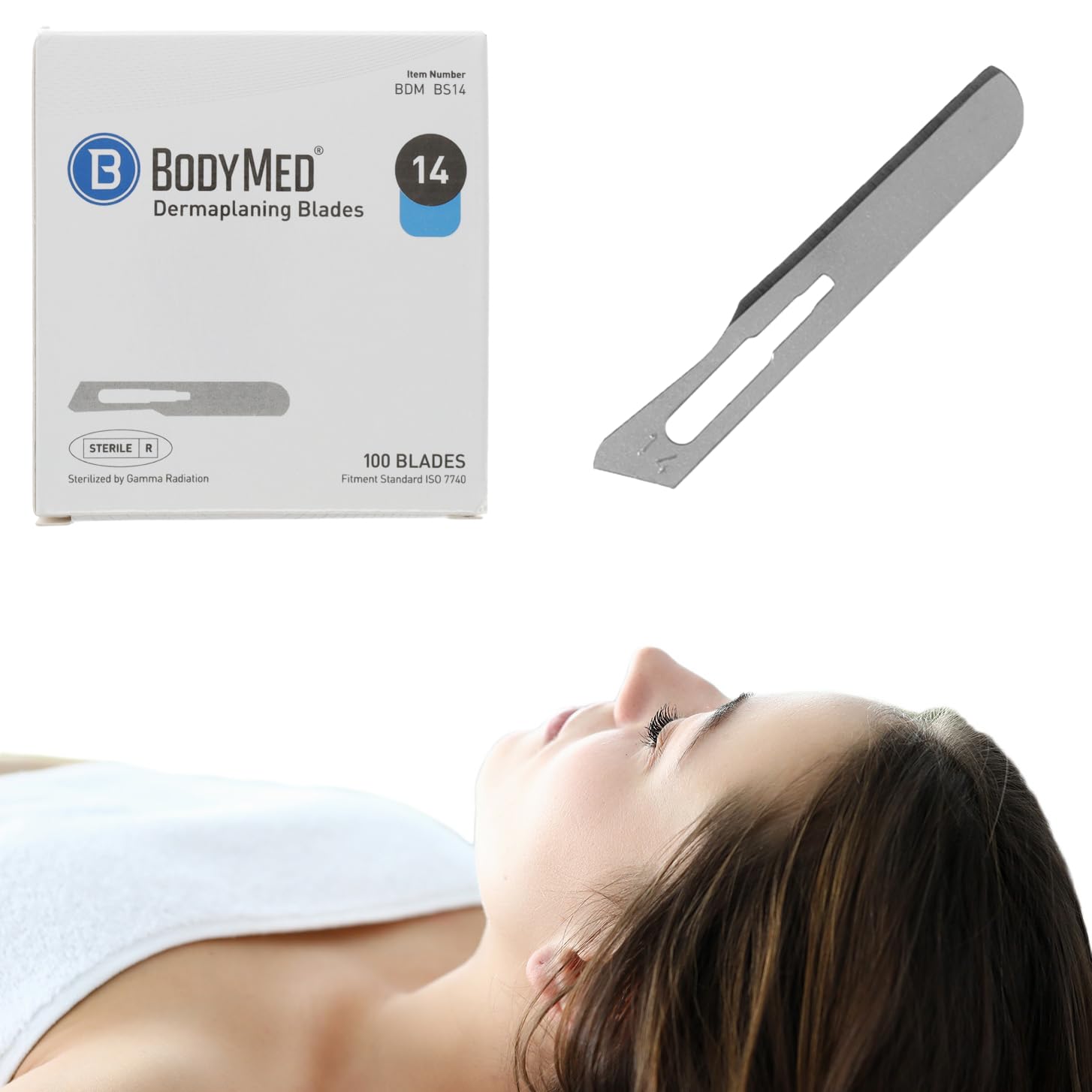 BodyMed Dermaplaning Blades #14 in Stainless Steel, 100 PCS - Disposable, Sterile Scalpel Blades for Estheticians, Facial Exfoliation, Hair Removal, Skin Care, Surgical & Podiatry Use