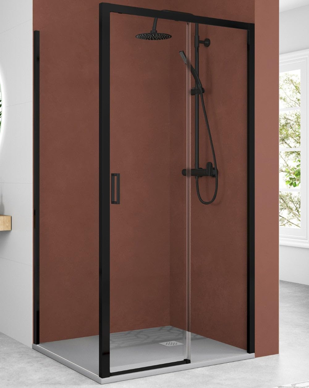 Mampara Ducha Rectangular Frontal Corredera 1 Puerta 1 Fijo | Cristal Templado 5mm Transparente | Perfil Negro 115cm (Adaptable 113,7-117,7cm) X 70cm