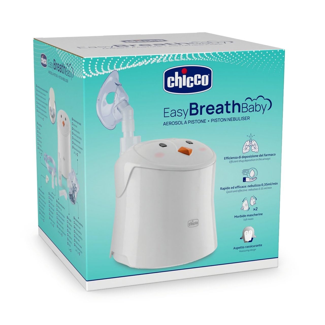 Chicco Aerosol Easy Breath Baby, a Forma di Simpatico Pinguino, Aerosol a Pistone per Neonati, Bambini e Adulti, Aerosol Portatile, Ultracompatto, Con Due Mascherine Morbide Ed Ergonomiche, 0 Mesi+