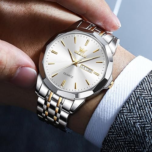 Miniatura 2 de OLEVS Watch for Men Diamond Business Dress Analog Quartz Stainless Steel Waterproof Luminous Date Two Tone Luxury Casual Wrist Watch Blue