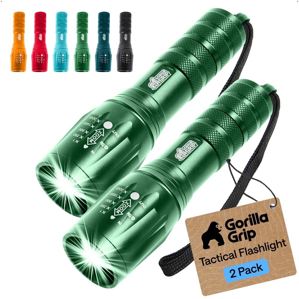 GORILLA GRIP Powerful LED Tactical Flashlight, 2 Pack, Green
