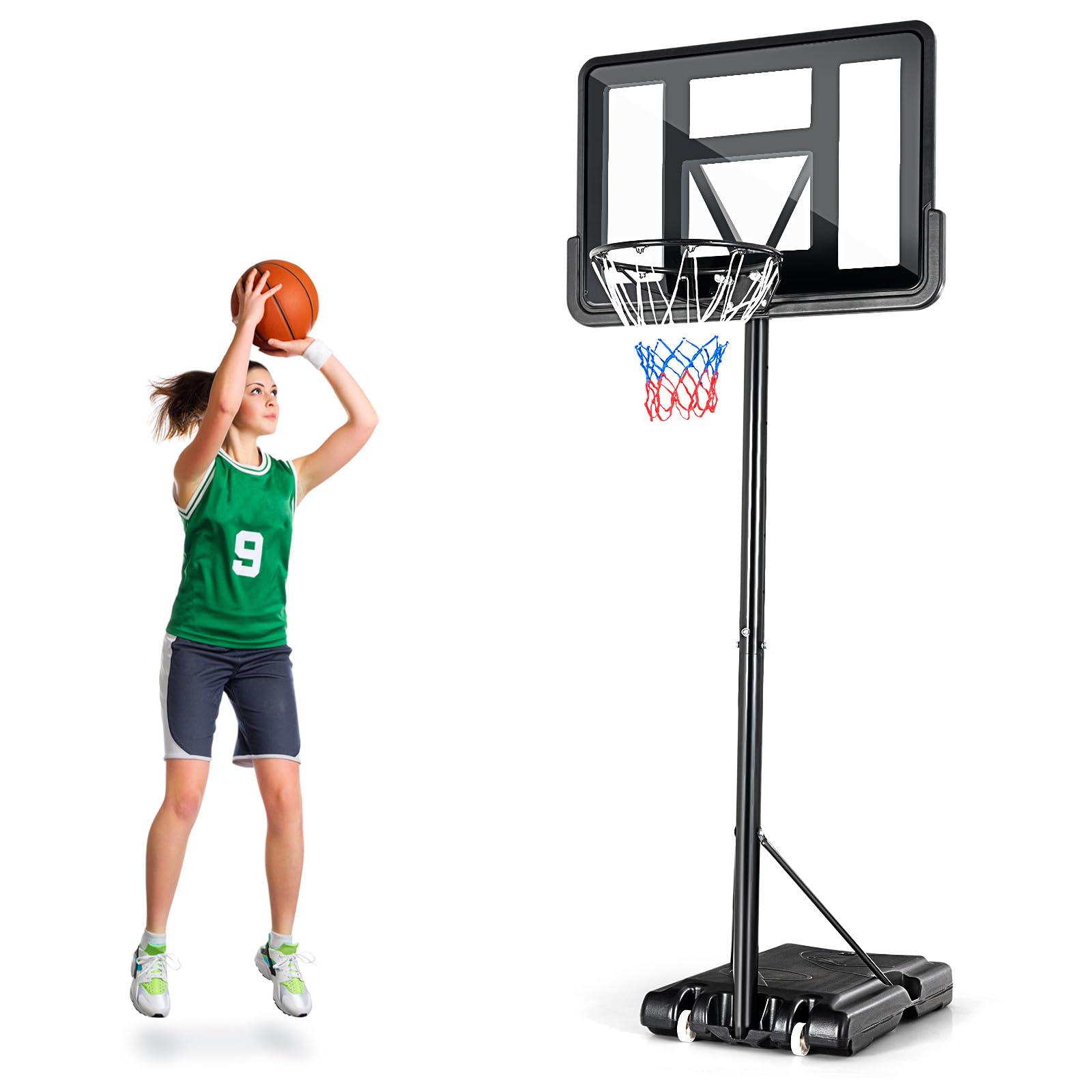 GYMAX Panier Basket Extérieur pour Enfants Adultes, Hauteur Réglable 130-305CM, Mobile Portable avec Roues, Base Stable Remplissable, Panneau Anti-bris