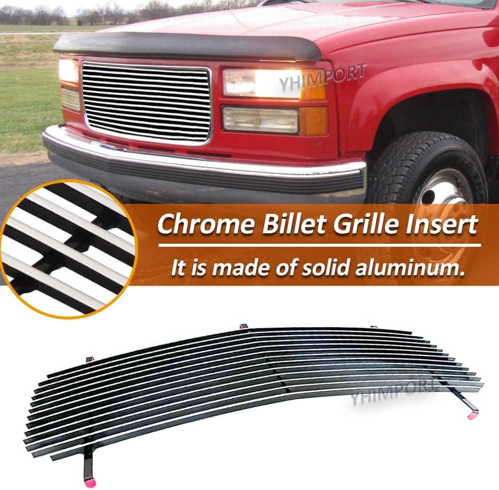 Chrome Billet Grille Insert fits 1994 1995 1996 1997 1998 1999 GMC Sierra C1500 2500 3500/GMC C K Pickup/GMC Suburban/GMC Yukon Al Solid Aluminum Main Upper Polished Replace Original Factory Grille