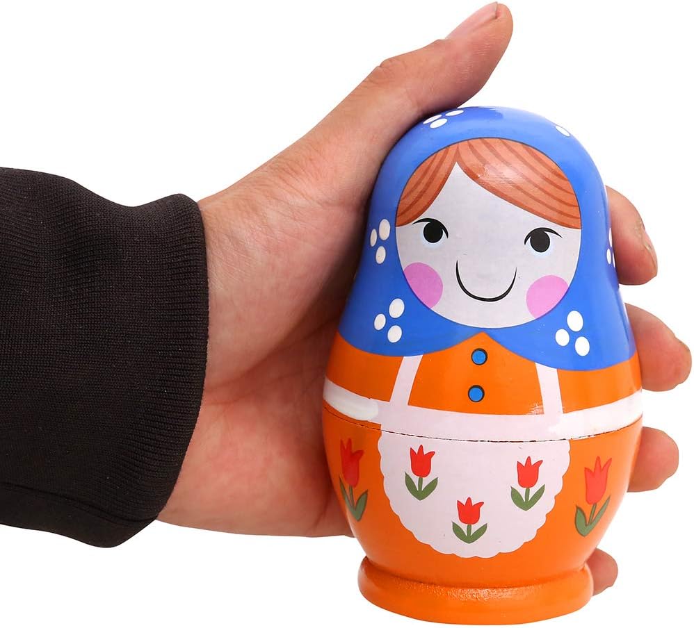 Monnmo 5Pcs Handmade Wooden Russian Nesting Dolls Matryoshka Dolls - Stacking Doll Set of 5 from 4.3" Tall (Blue)