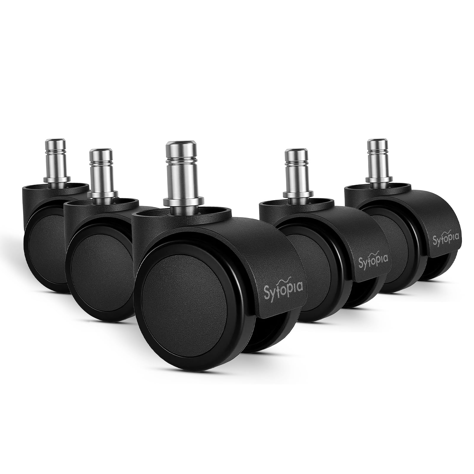 Sytopia Office Chair Castors, 11 mm x 22 mm Pen, Set of 5 Wheels for Office Chairs, Quiet, Smooth Gliding, Suitable for Hard Floors, Parquet, Laminate, Carpet, Tiles and Floor Protection Mat, Black