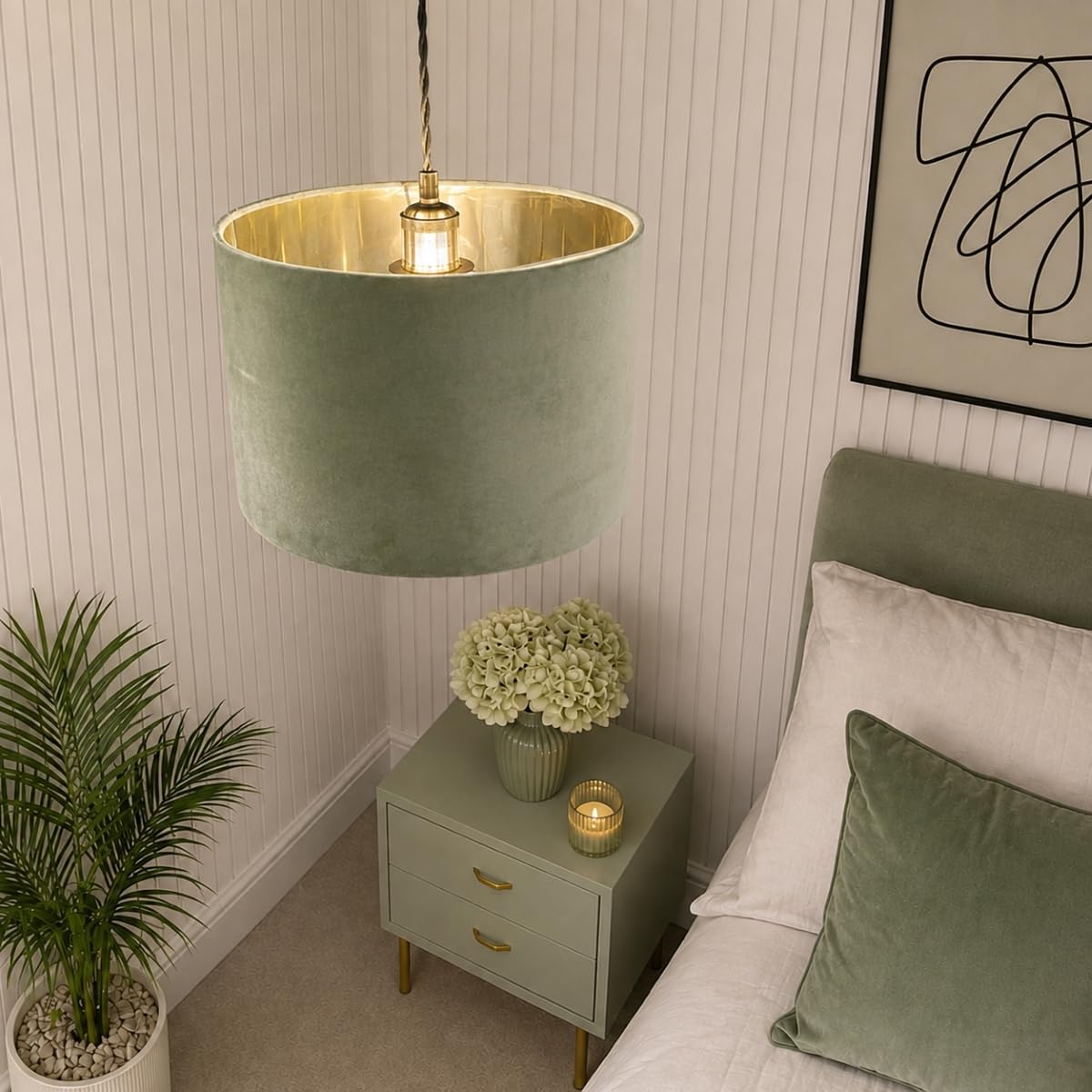 CGC Lighting Indoor Ceiling Lampshade Velvet Fabric Lamp Shade 30cm Diameter Gold Reflective Inner Drum Pendant Table Lamp Bedroom Dining Room Loungee (Olive Green & Gold)