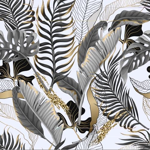 GRASKY Modern Black/Gray/Gold Peel and Stick Wallpaper Tropical Leaf Self Adhesive Waterproof Contact Paper Removable Decorative Vinyl Wallpaper for Living Room Bedroom Cabinets 17.71" X 118.1"