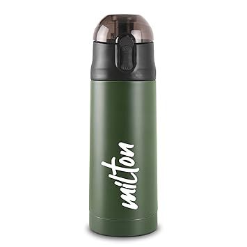 Milton New Crown 600 Thermosteel Water Bottle 500 ml with One Touch Safety Lock, 24 Hours Hot and Cold, Leak Proof Lid, ISI Certified I Vacuum Insulated I for Office, Gym, School I Green - image, photos