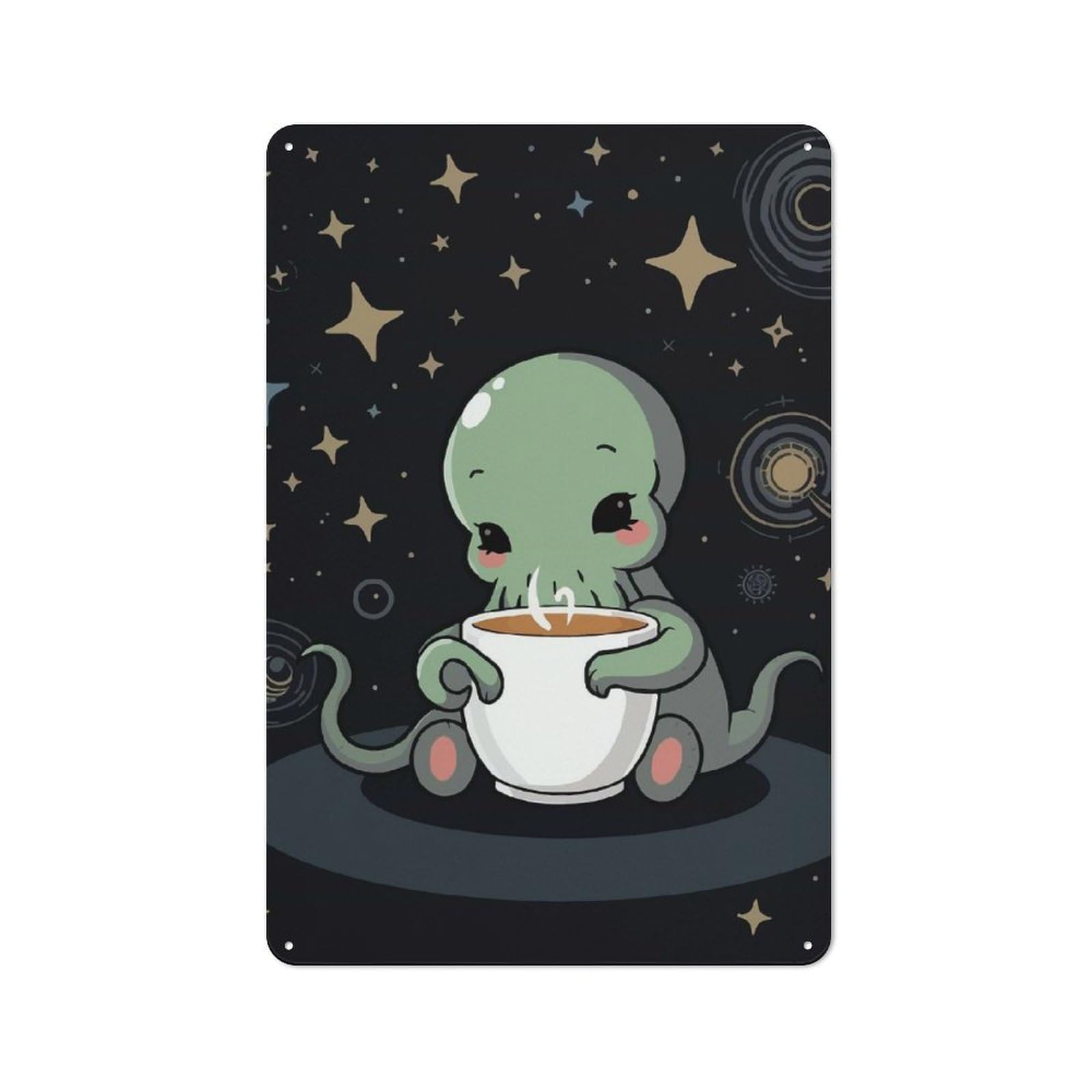 Junmoney Cute Cthulhu With Coffee Metal Wall Sign 30X20cm Featuring For Bar Or Restaurant, For Bar Decor Enthusiasts