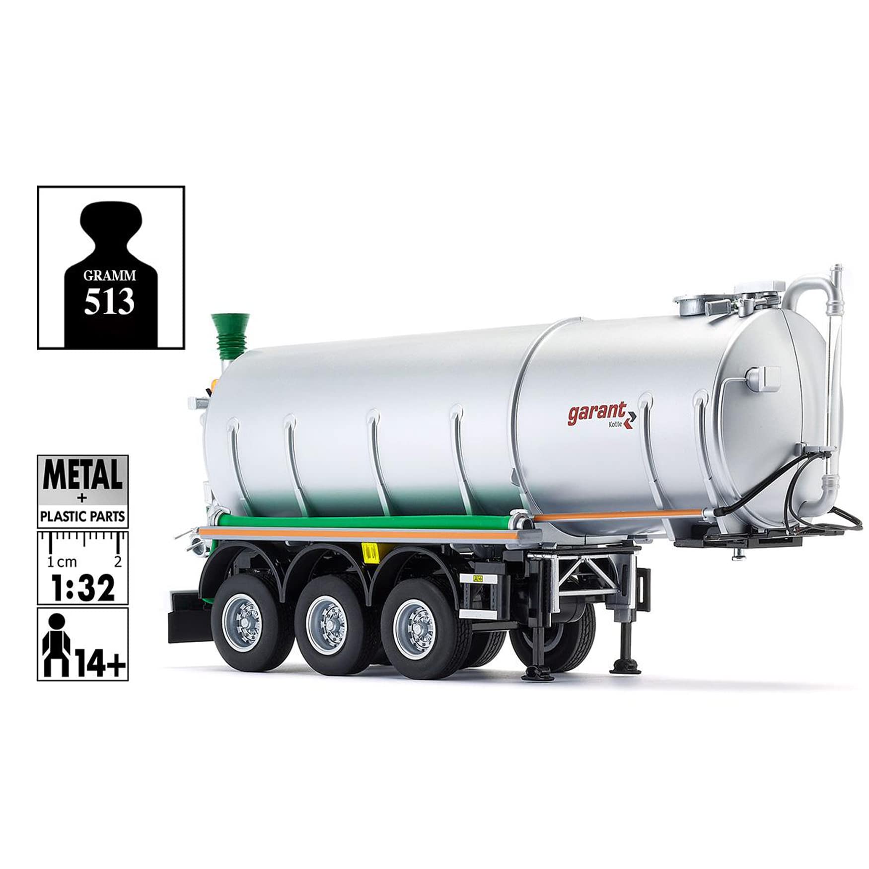 Wiking 077655 Kotte Tanksattelauflieger garant TSA 30.000, Modell, 1:32, Metall/Kunststoff, Ab 14 Jahre, Viele Funktionen, Ausziehbare Stützen, Funktionale Lift-Achse, Silber(Weißalu)